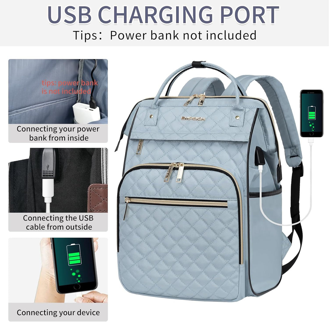 Laptop backpack with integrated USB port, water-resistant, RFID protected, expandable.