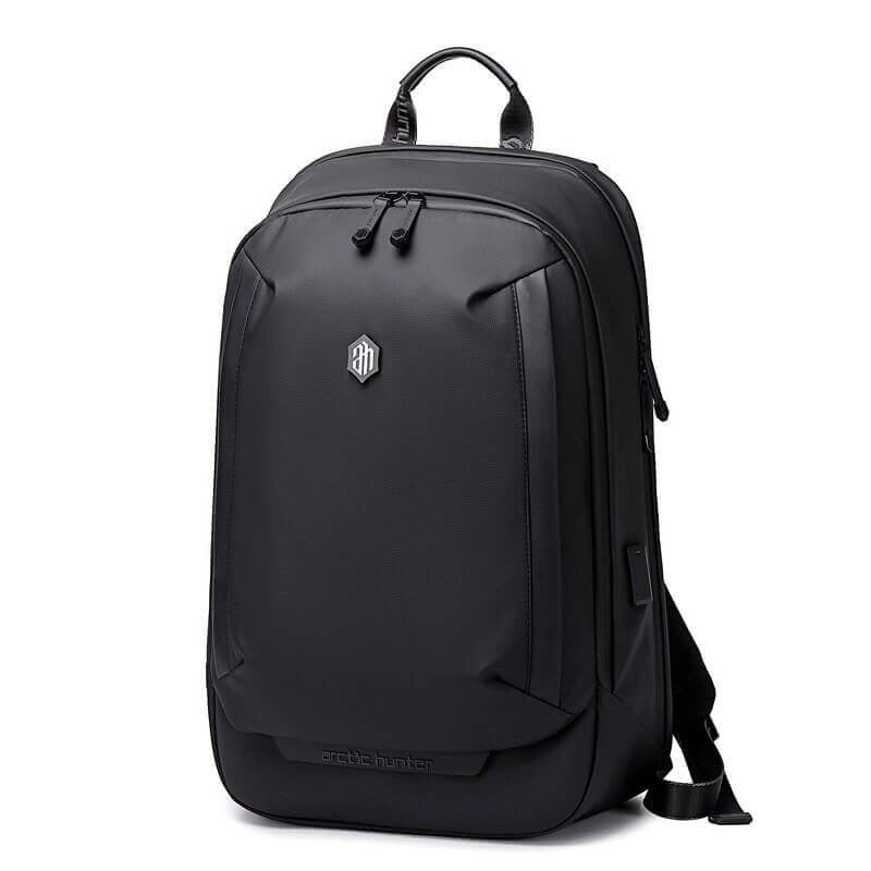 Lightweight unisex water-resistant backpack, side view showing multiple pockets and durable nylon fabric for outdoor use.