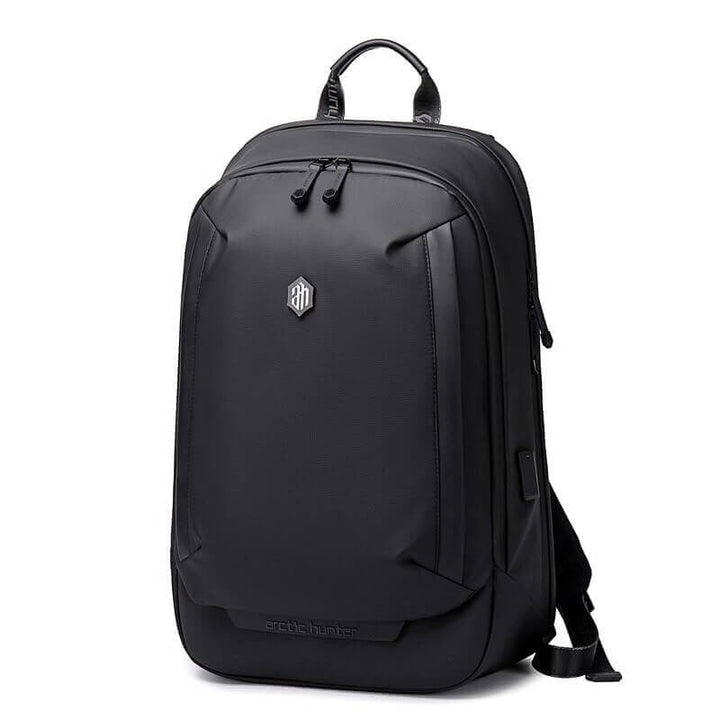 Lightweight unisex water-resistant backpack, side view showing multiple pockets and durable nylon fabric for outdoor use.