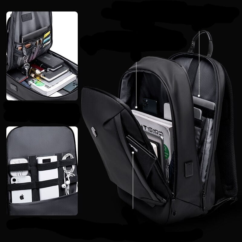 Interior of multi-compartment waterproof backpack, ideal for organizing school supplies, travel gear, or hiking essentials.