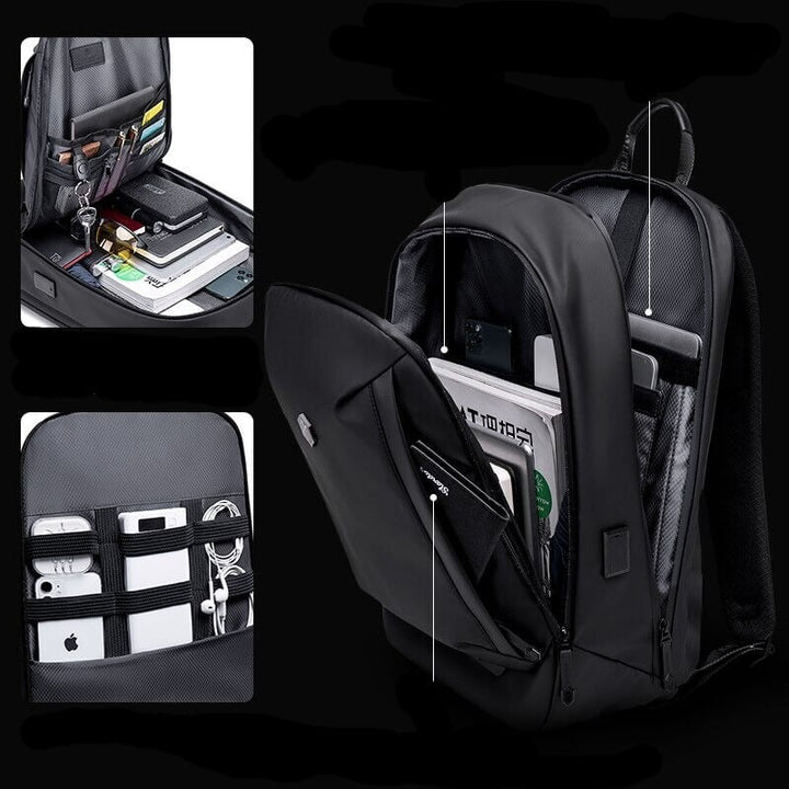Interior of multi-compartment waterproof backpack, ideal for organizing school supplies, travel gear, or hiking essentials.