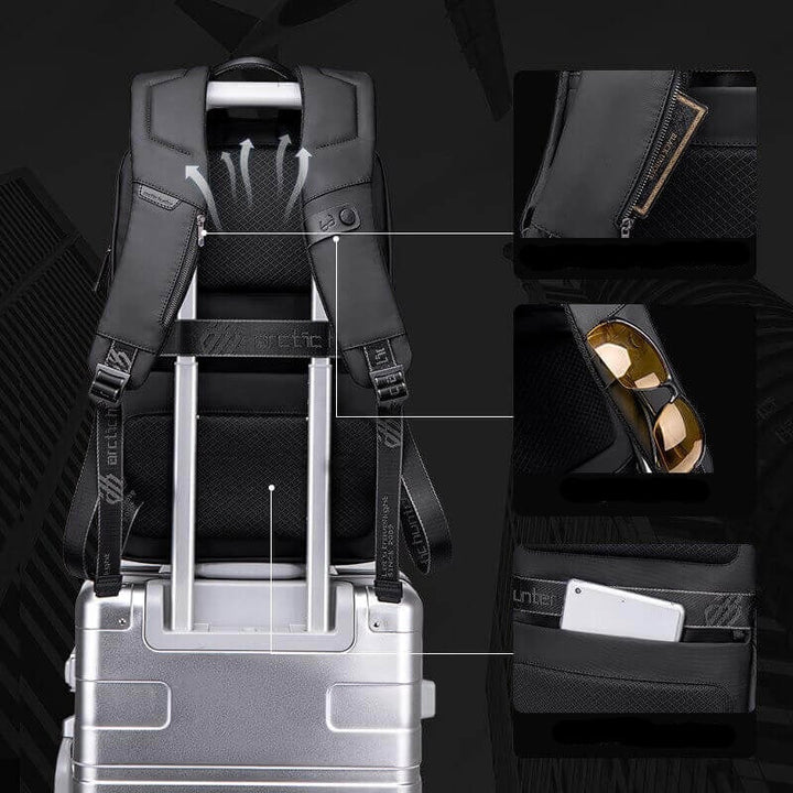 Durable unisex water-resistant backpack, back view showcasing padded straps and breathable design for comfortable wear.