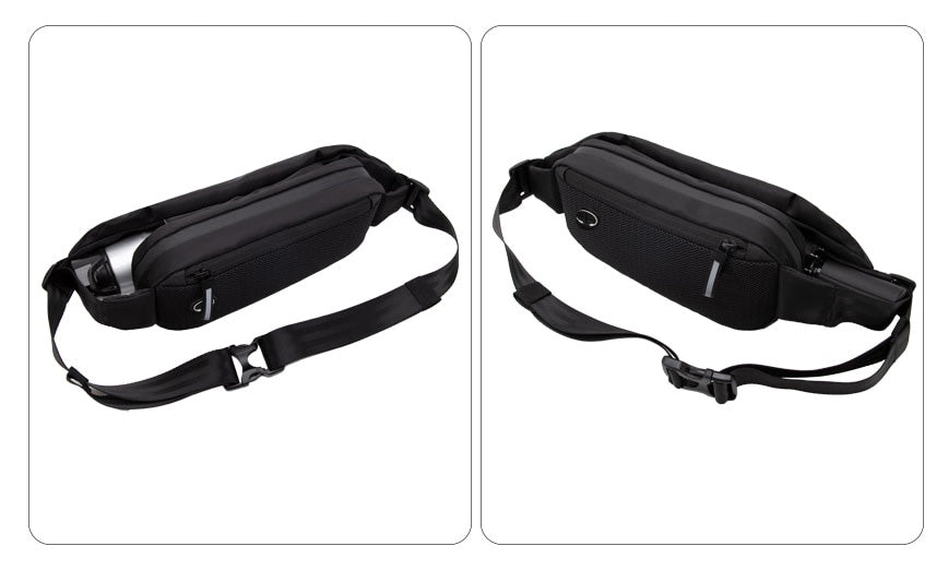 Multi-pocket fanny pack with several zippered compartments for organized, hands-free storage on the go.