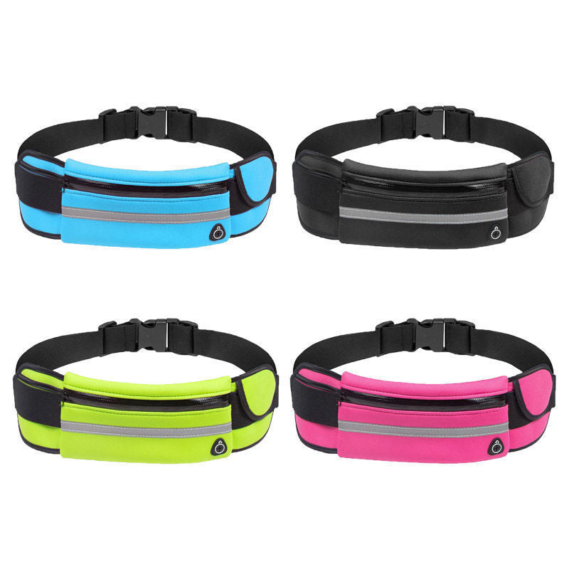 Unisex water-resistant running waist belt with secure storage for phones, keys & cards.