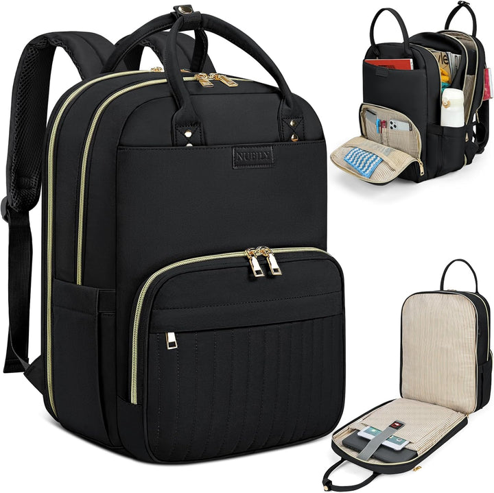 Unisex water-resistant travel laptop backpack, front view. Durable black fabric, sleek design for daily commute & travel.