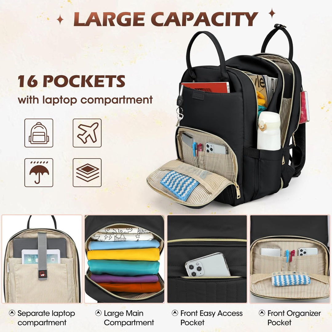 Open unisex travel laptop backpack revealing organized compartments, fits 15.6-inch laptop & essentials.