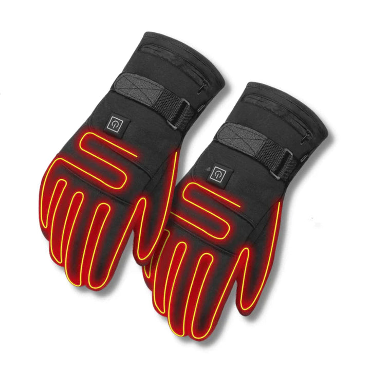 Close-up of electric heated winter gloves, waterproof design for skiing & motorcycle riding.