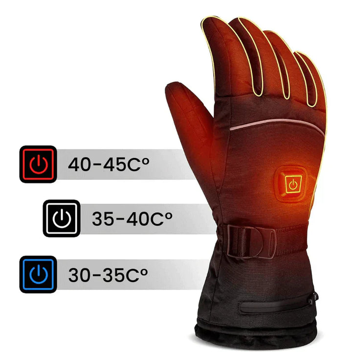 Pair of HeatGuard waterproof heated gloves, perfect unisex outdoor gear for warmth in cold weather.