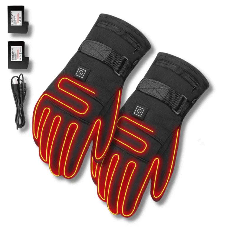 Black electric heated gloves with waterproof exterior, providing warmth for skiing, cycling & winter sports.