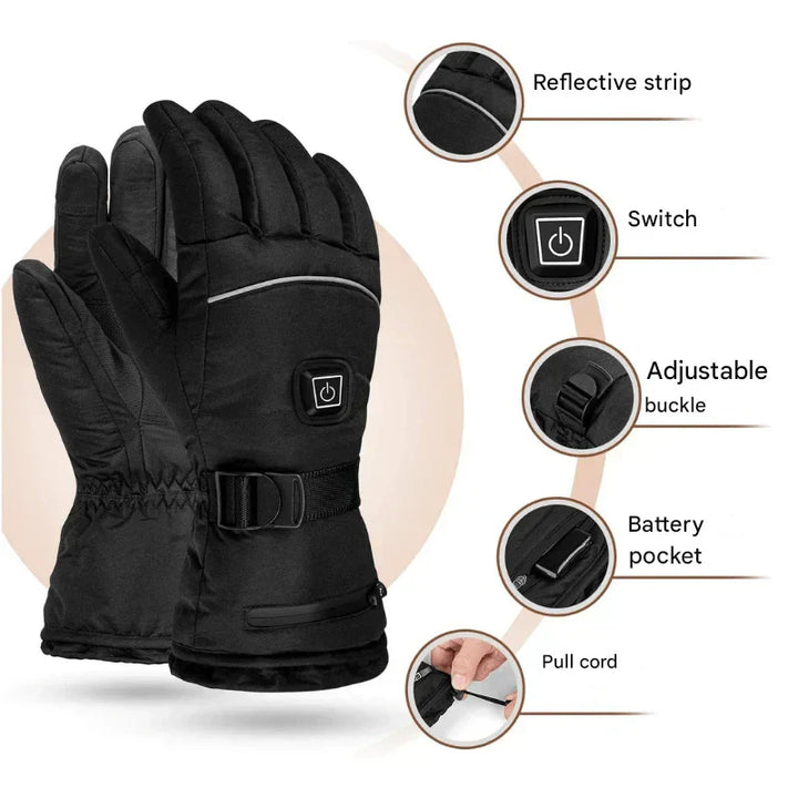 Detail of waterproof heated winter gloves, electric for consistent warmth during cold weather adventures.