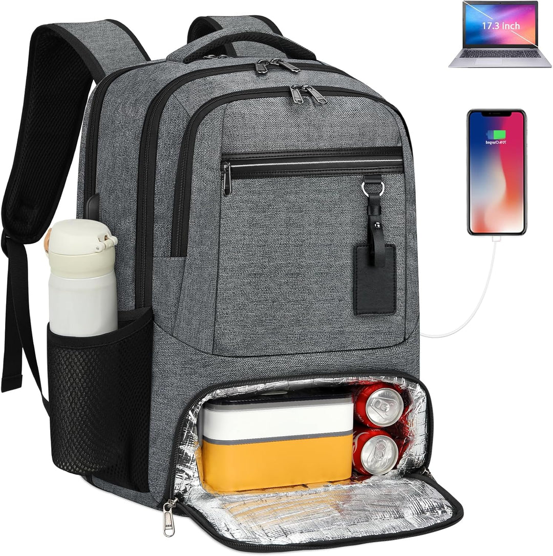 Unisex waterproof laptop backpack with USB charge port & lunch compartment for daily commute.