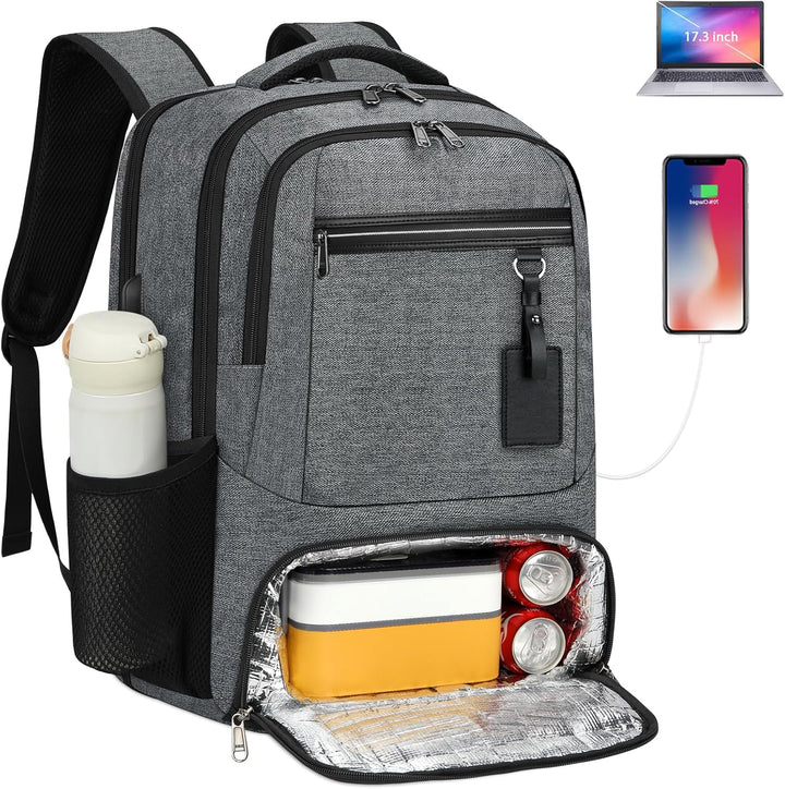 Unisex waterproof laptop backpack with USB charge port & lunch compartment for daily commute.