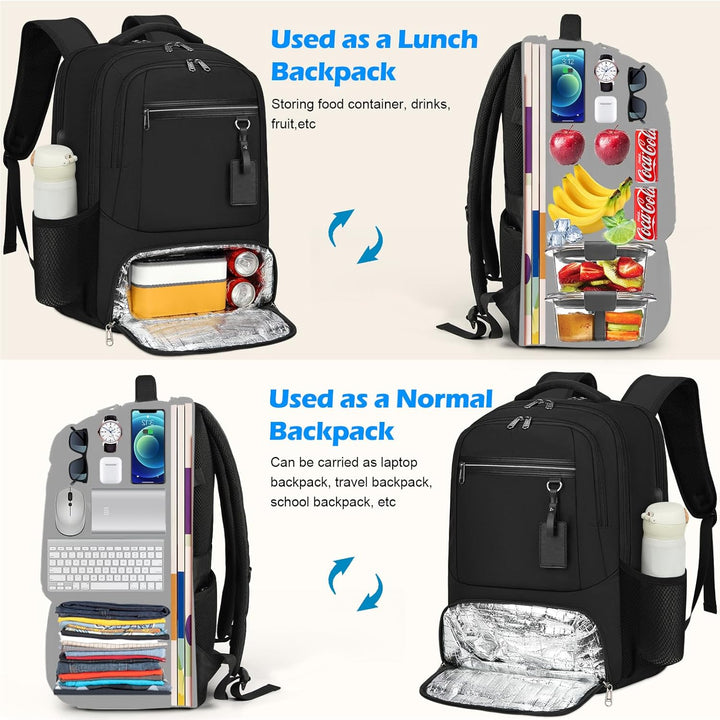 Functional unisex travel laptop bag, waterproof, with USB charging and dedicated lunch storage.