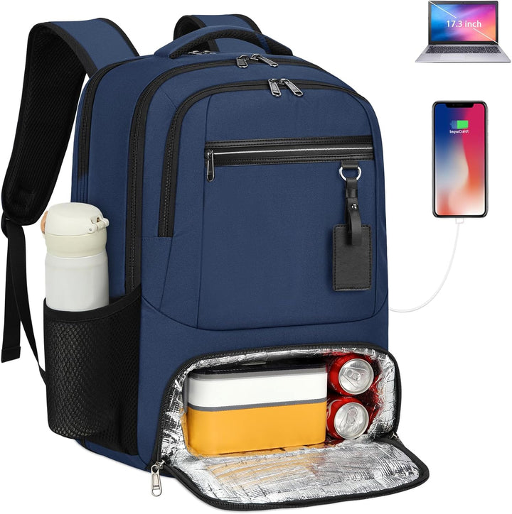 Durable waterproof backpack for laptops up to 15.6 inches, with USB charging & insulated lunch section.