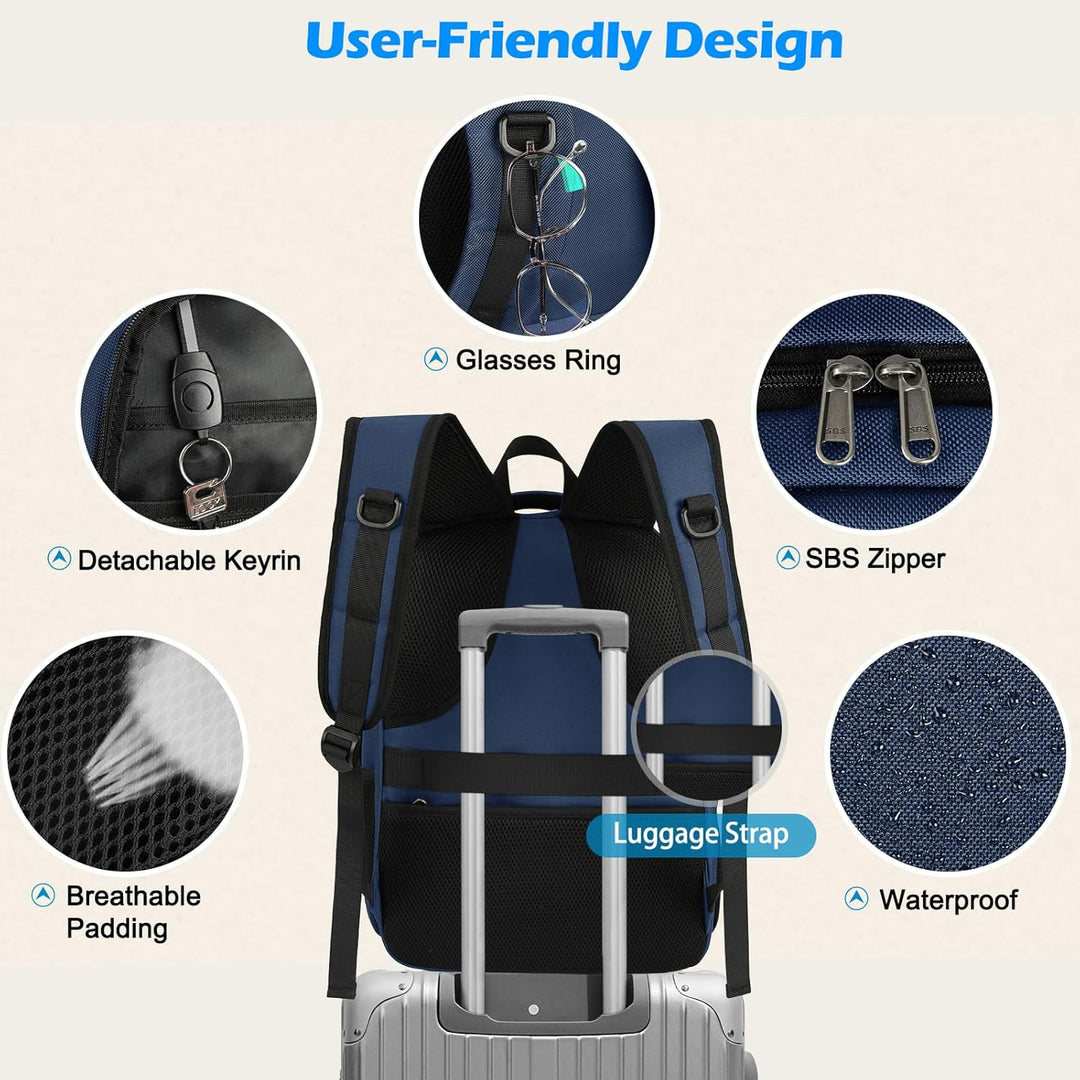 Smart anti-theft waterproof laptop backpack with USB port & spacious multi-compartments for lunch.