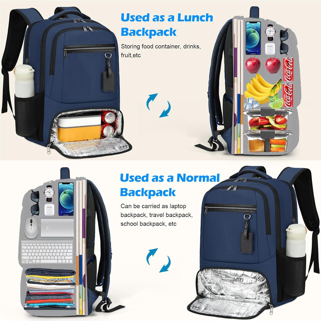 Practical waterproof backpack for work/travel, with USB port, laptop sleeve & lunch bag function.