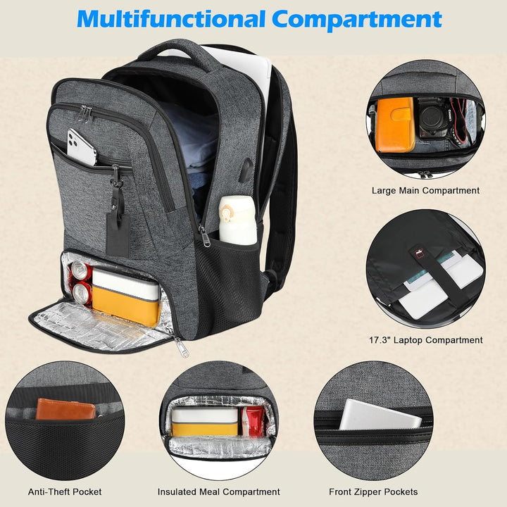 Multi-compartment travel backpack, waterproof, perfect for laptop, lunch, and school essentials.