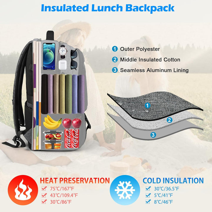 Durable unisex backpack with anti-theft design, USB charging, and dedicated laptop & lunch storage.