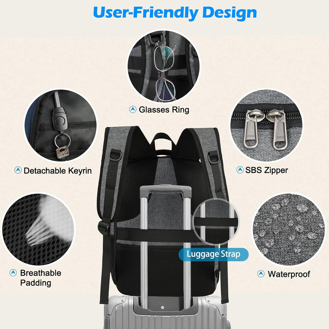 Organized waterproof laptop bag for work commute, features USB port, lunch section & multiple pockets.