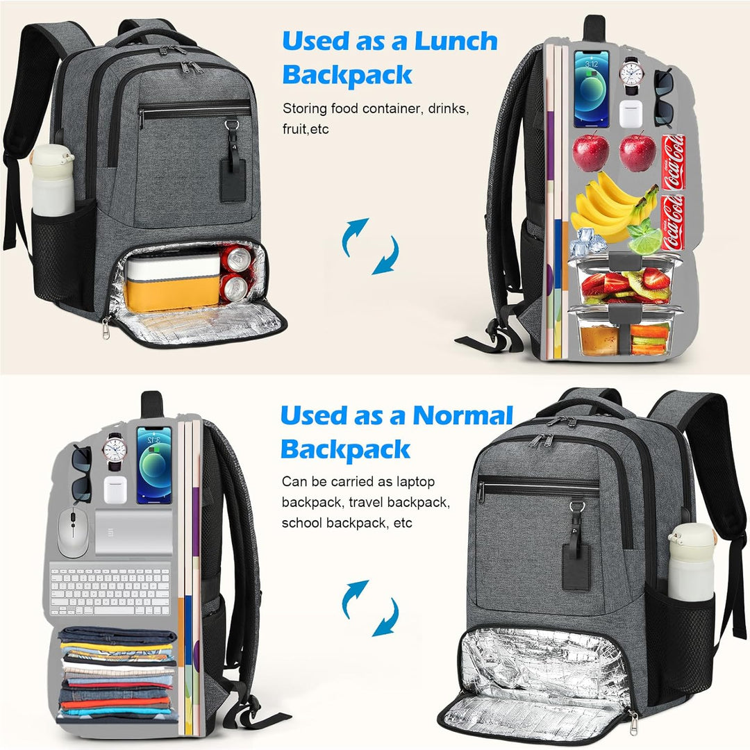 Waterproof travel backpack for men & women, includes USB charger, laptop sleeve, and insulated lunch bag.