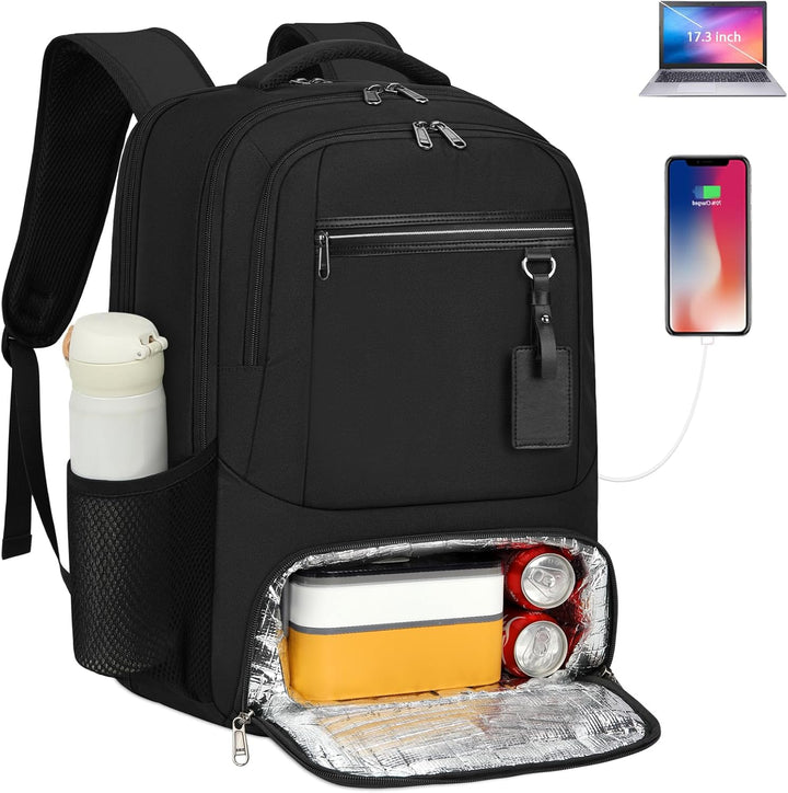 Versatile multi-compartment backpack, waterproof, USB charging, perfect for travel, school, work.