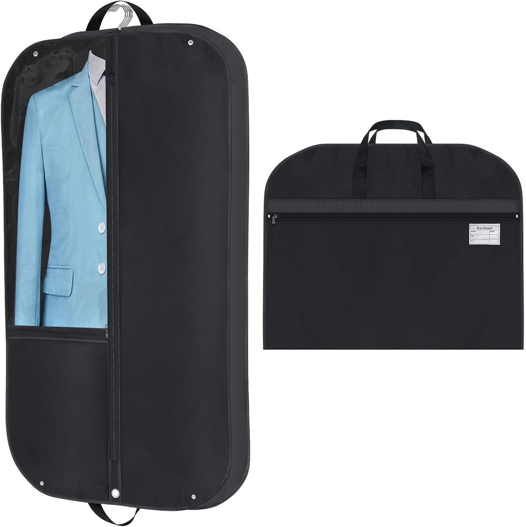 Unisex waterproof oxford garment bag (2-pack) for suits & dresses. Gusseted travel cover with pockets, 43" long.