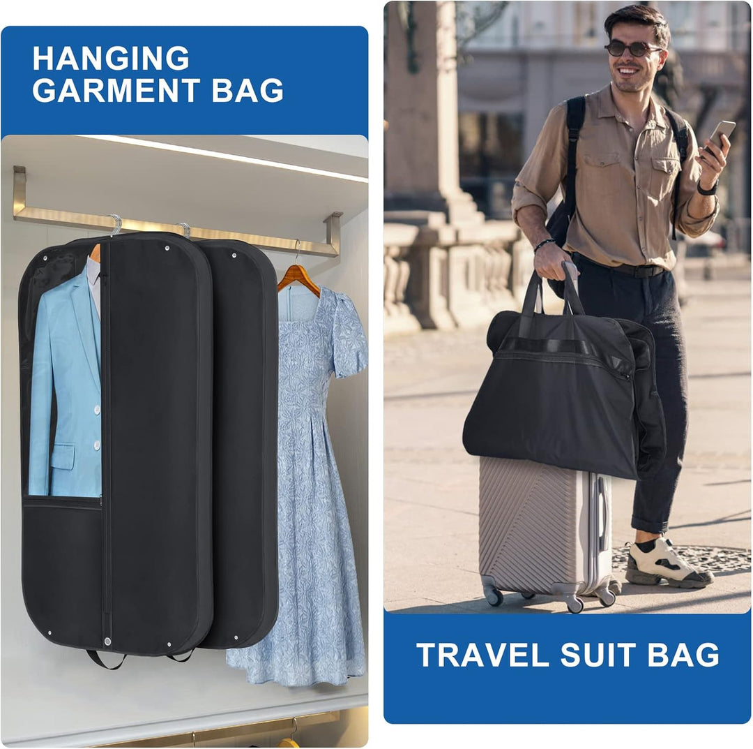 Gusseted oxford garment bag (2-pack) for suits, dresses & coats. Features multiple pockets for travel & wardrobe storage.
