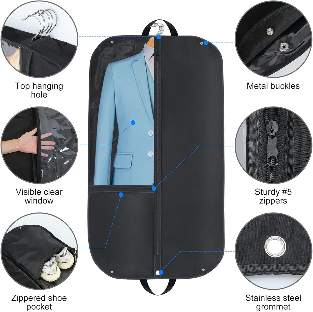 43" waterproof oxford garment bag for suits, dresses & travel. Unisex clothing protector with gusset & convenient pockets.