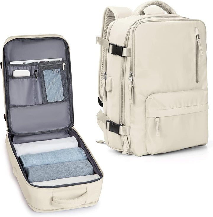 Unisex waterproof travel backpack with USB charging port, shoe compartment, and 14" laptop sleeve.