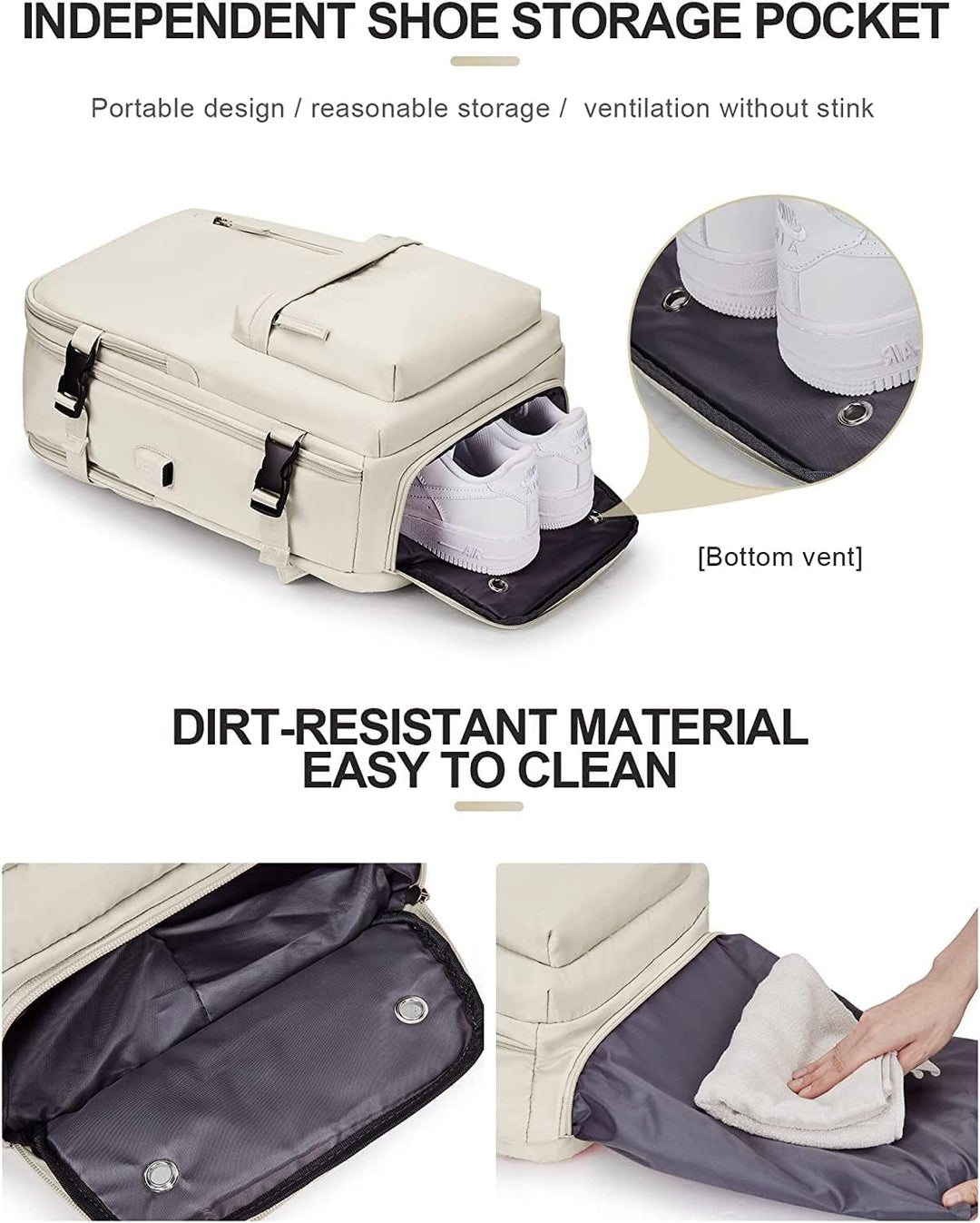 Waterproof travel backpack with built-in USB charger & ventilated shoe compartment. Ideal for active use.
