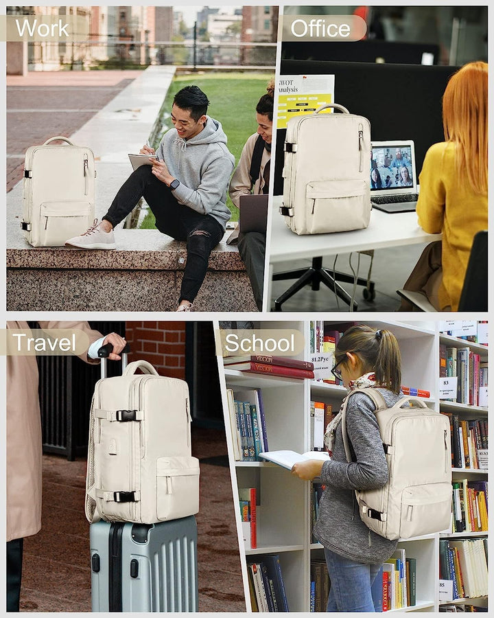 Modern traveler's waterproof backpack with USB charging, shoe compartment, & secure 14" laptop storage.