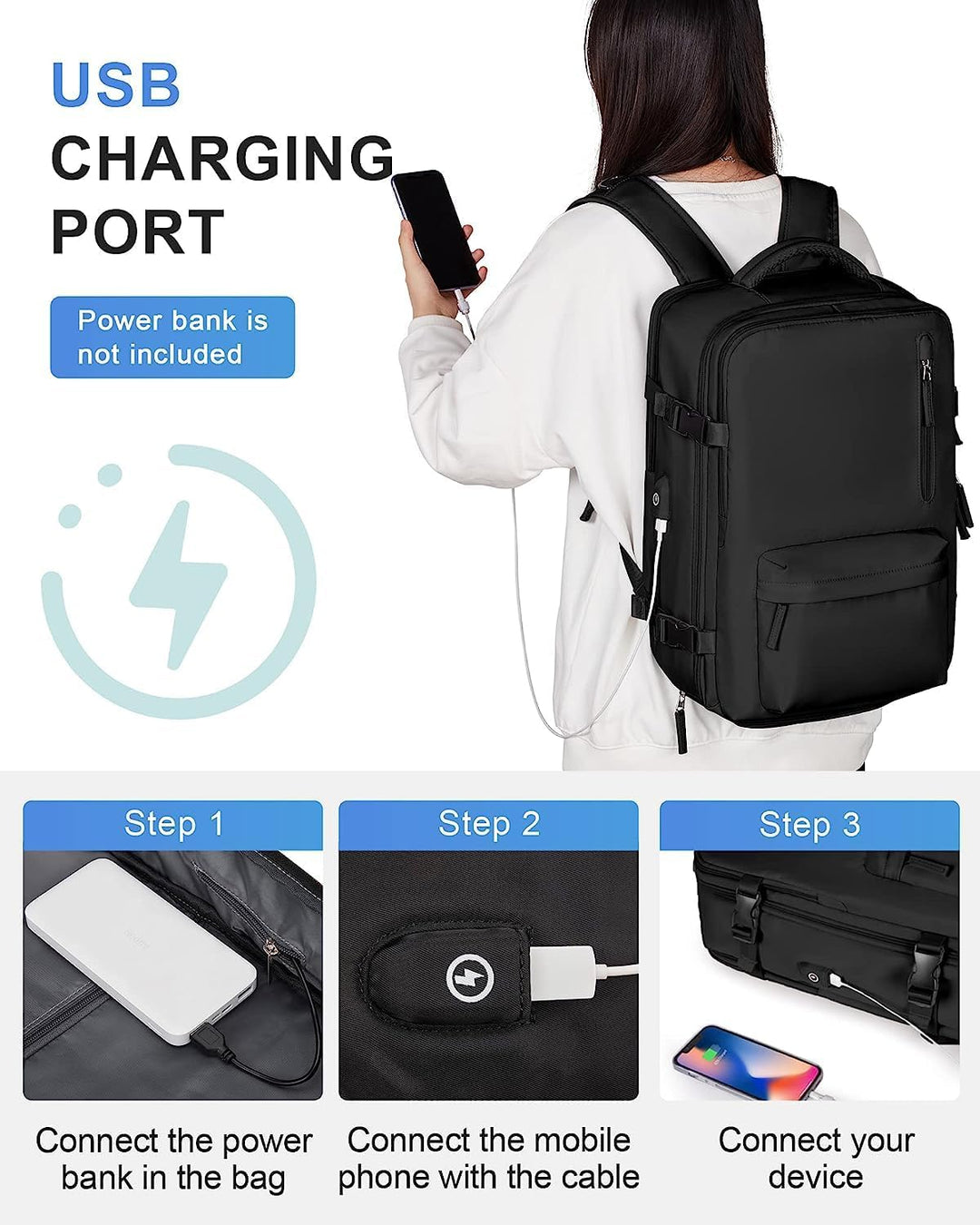 Rugged waterproof travel bag, anti-theft design, USB charging, and a dedicated 14" laptop sleeve.