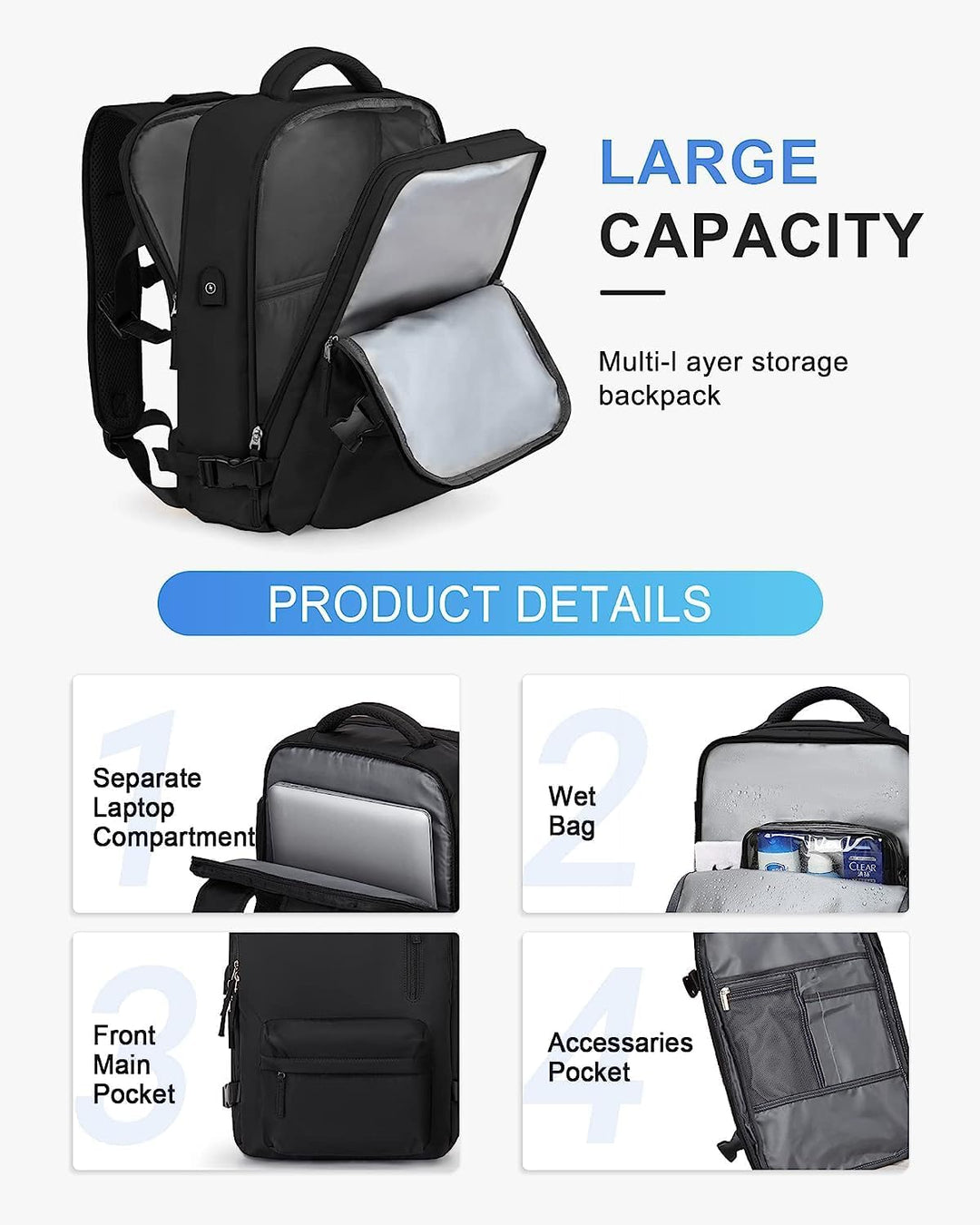 Spacious unisex waterproof travel backpack for all essentials, includes USB charging & shoe compartment.