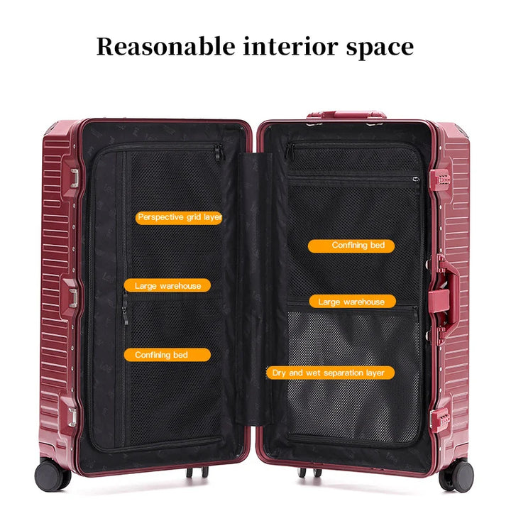 Lightweight, durable hard shell suitcase with ergonomic wide grip handle and multi-directional spinner wheels for easy travel.