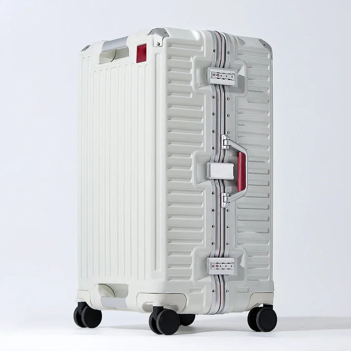 Modern unisex hard shell suitcase with wide ergonomic grip, secure TSA lock, and smooth spinner wheels for all travel.