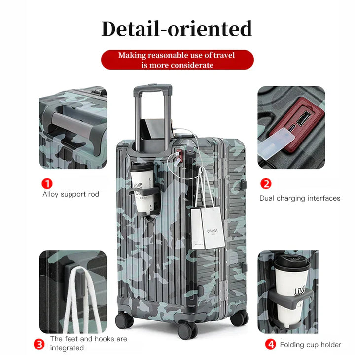 Durable hard shell wide grip suitcase for secure travel, features smooth spinner wheels.