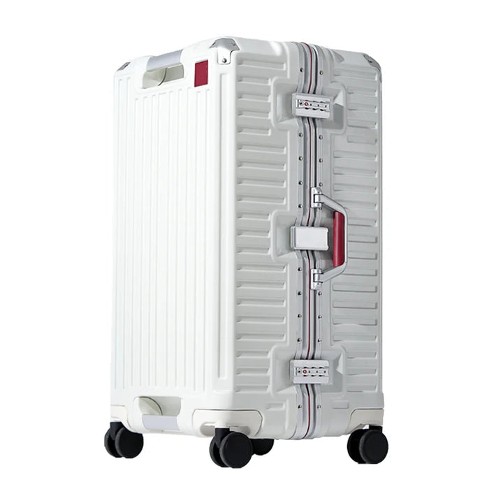 Easy-to-maneuver wide grip hard shell spinner suitcase, unisex design for comfortable checked travel luggage.