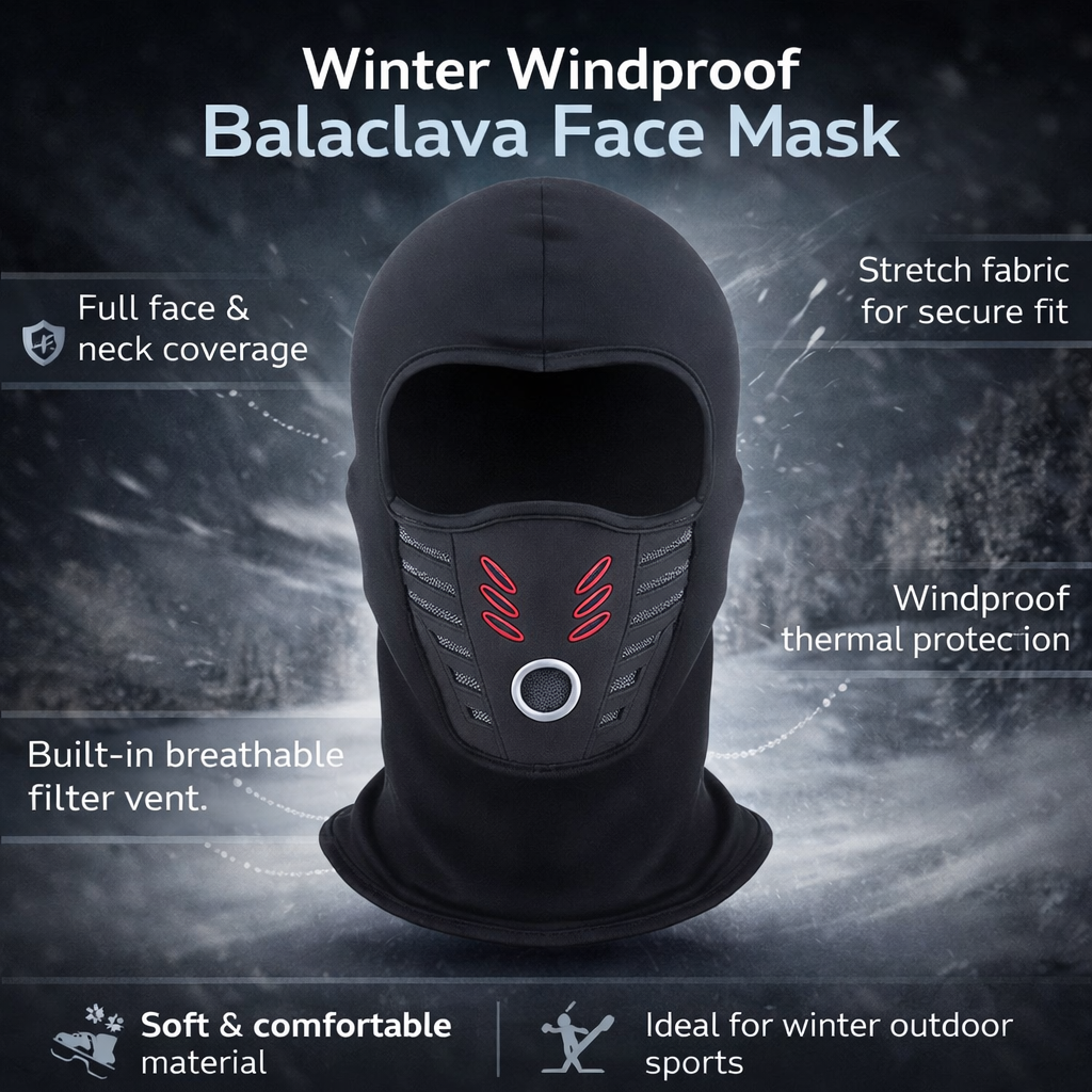 Breathable, windproof thermal balaclava face mask, essential cold weather gear for adventurers.