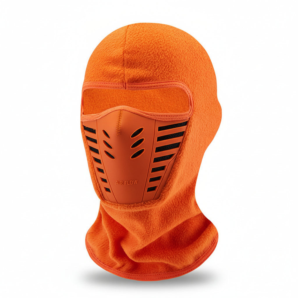 Hiker wearing a black thermal windproof balaclava face mask in snowy conditions.