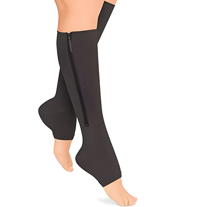 Unisex zipper compression socks, 20-30 mmHg firm support, knee-high for leg relief, circulation & swelling reduction.
