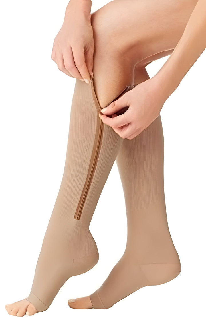 Open-toe zipper compression stockings, 20-30 mmHg firm support, knee-high, great for travel, nurses & leg relief.