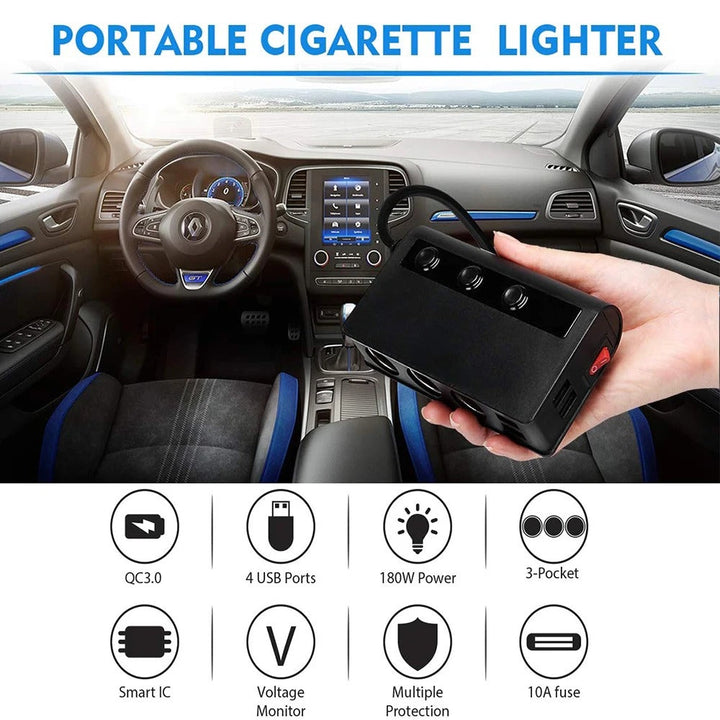 Universal 4-port car charger adapter with USB ports and lighter sockets; sleek, compact design for vehicle convenience.