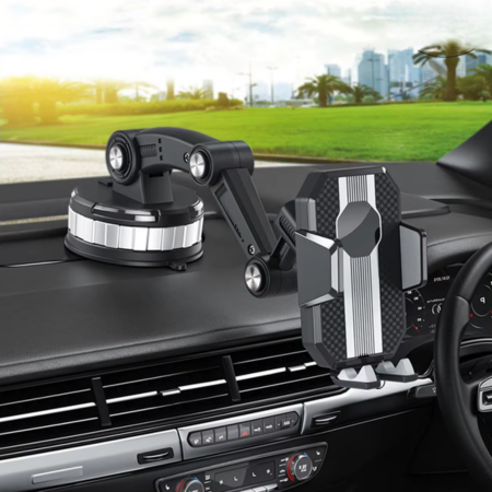 Universal car phone mount with strong suction, secures smartphone for hands-free navigation and calls.