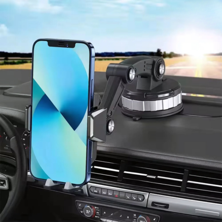 Black universal auto accessory phone mount, compatible with all devices, offers a secure and stable grip.