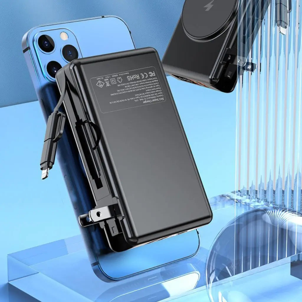 "Universal power bank 20000mAh with built-in cables, USB-C, lightning connectors, compact design, ideal for travel."