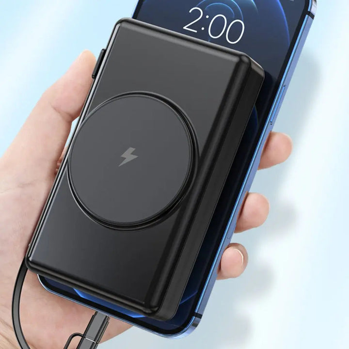 "Universal power bank 20000mAh with built-in cables, USB-C, lightning connectors, compact design, ideal for travel."