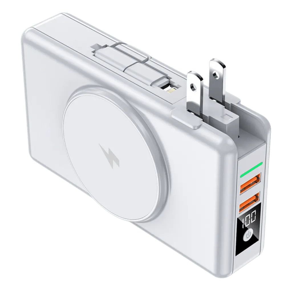 "Universal power bank 20000mAh with built-in cables, USB-C, lightning connectors, compact design, ideal for travel."