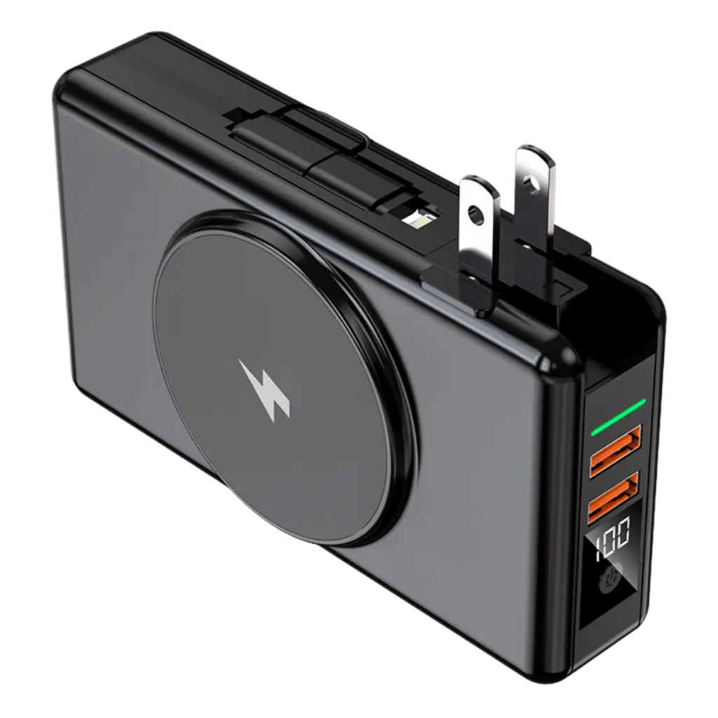 "Universal power bank 20000mAh with built-in cables, USB-C, lightning connectors, compact design, ideal for travel."