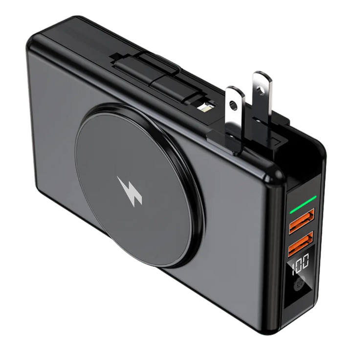 "Universal power bank 20000mAh with built-in cables, USB-C, lightning connectors, compact design, ideal for travel."