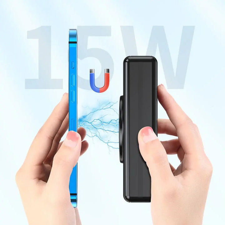 "Universal power bank 20000mAh with built-in cables, USB-C, lightning connectors, compact design, ideal for travel."
